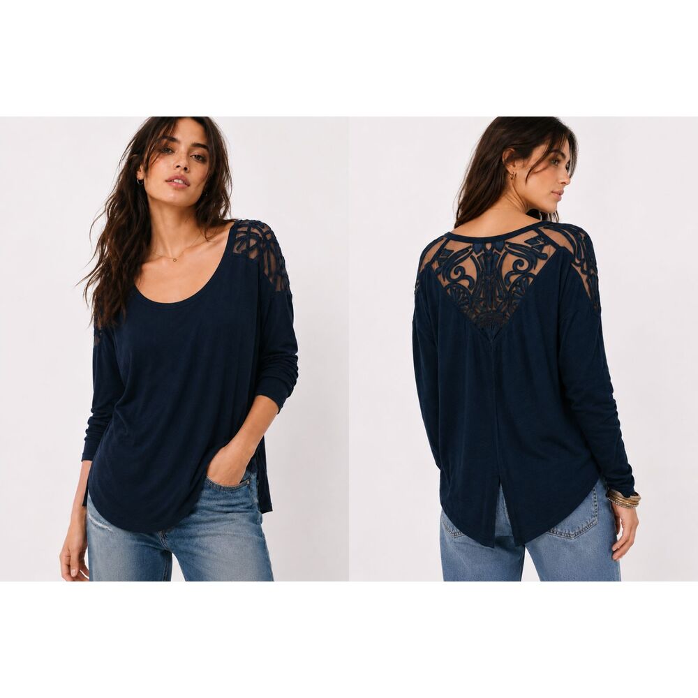 Free People Gatsby Boho Lace Scoop Neck Blue Ribbed Long Sleeve Top M Indie